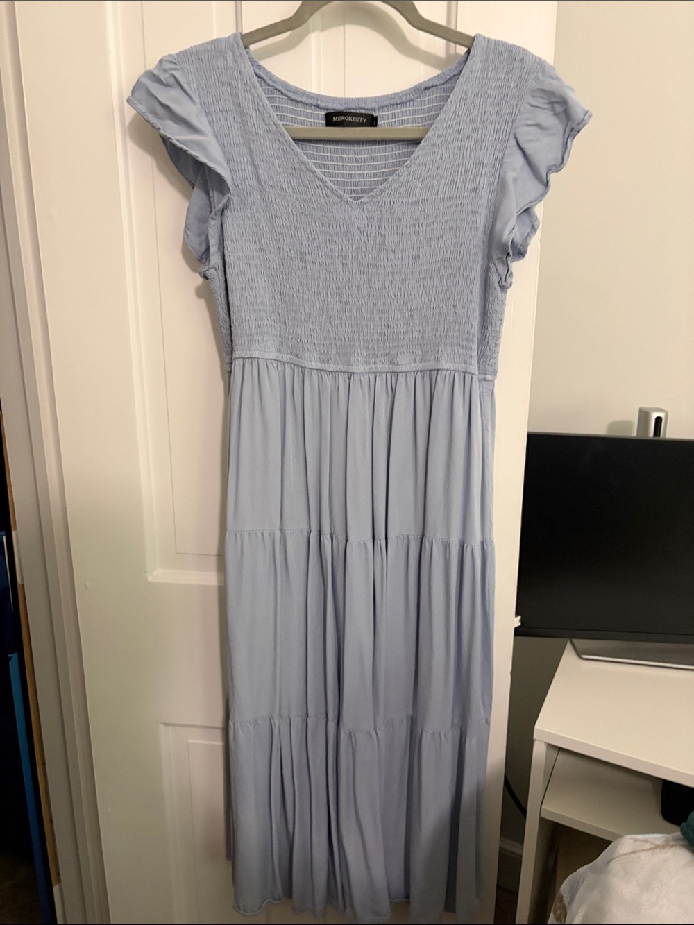Smocked V-Neck Tiered Maxi Dress in Light Blue